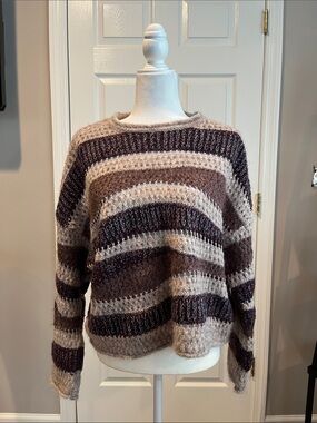Zara Striped Mohair-Blend Crewneck Sweater in Brown and Cream